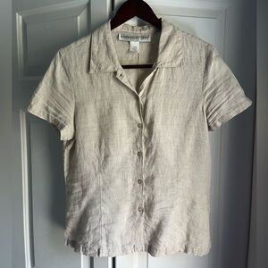 Vintage cream natural button down short sleeve fitted top 100% linen size 12